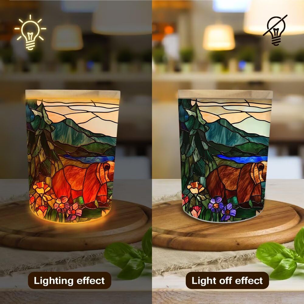 Stained Glass Bears Tea Light Candle Holders, Mountain Tealight Candle Holder Jar with Wooden Lid, Pine Tree Votive Candlesticks for Table Centerpieces, Christmas,Birthday Party,Home Decor