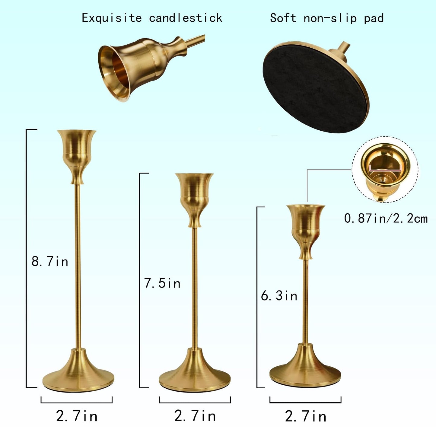 Candle Holder, Modern Minimalist Brass Gold Metal Candlestick Holders, Set of 3 Tall - Elegant Taper Candle Holders for Table Centerpiece, Wedding, Dinner Party Home Decor
