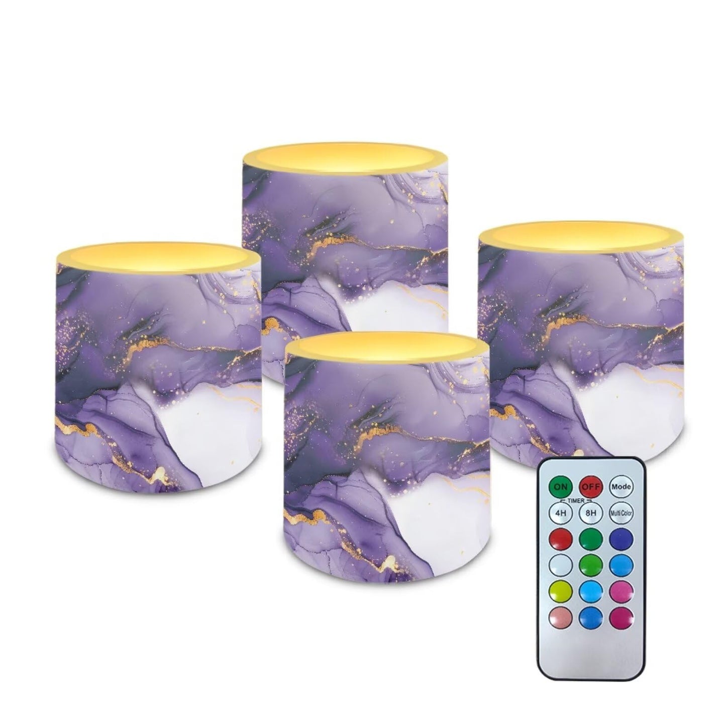 NETILGEN Purple Marble Print 3 inch Flickering Color Changing LED Candles Set of 4 Flameless Eletric Pillar Candles with Remote Timer Control Home Party Decor
