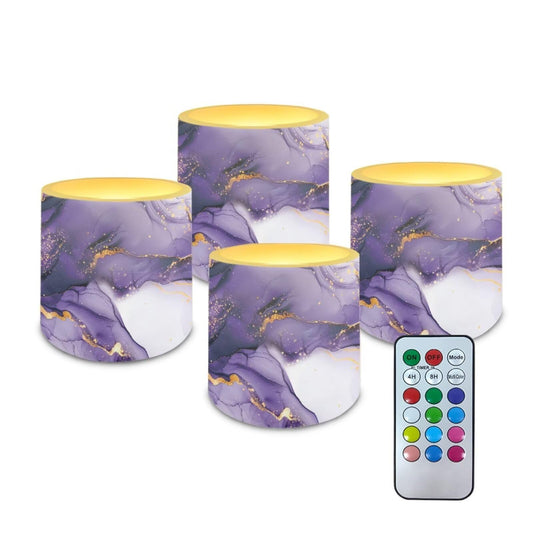 NETILGEN Purple Marble Print 3 inch Flickering Color Changing LED Candles Set of 4 Flameless Eletric Pillar Candles with Remote Timer Control Home Party Decor