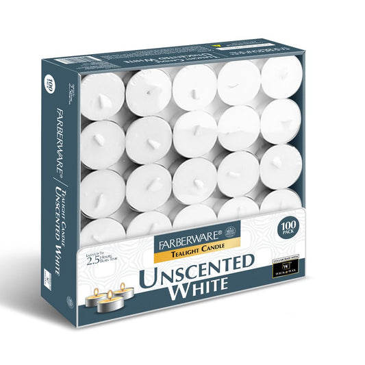 100 Pack Unscented White Tealights by Farberware - Clean Burning Tea Light Candles for Party & Home Ambience, Dinner Table, Food Warming, Wedding, Christmas Holidays, Religious Observance - Bulk Pack