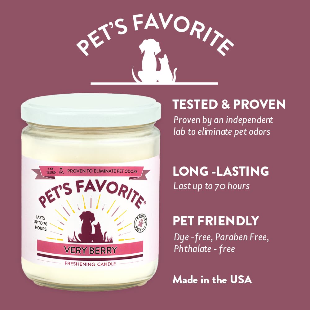 Pet's Favorite Pet Odor Candle, Clean Burning, Long Lasting Scented Candles with a Natural Fiber Wick and 70 Hour Burn Time, Very Berry