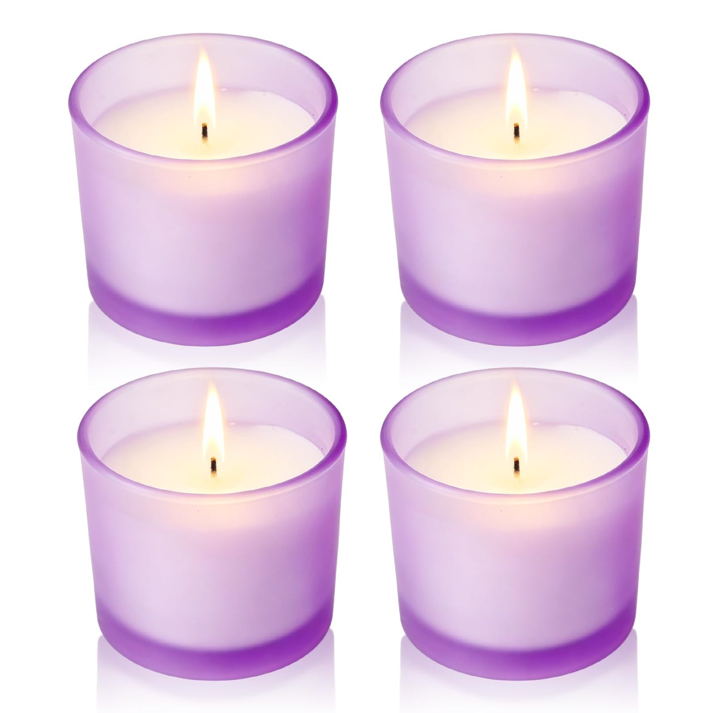 Set of 4 White Unscented Soy Candles, Purple Glass Filled Votive Candles, Hand Poured Wax Candle for Home Décor Aromatherapy Spa Holidays Party and Weddings