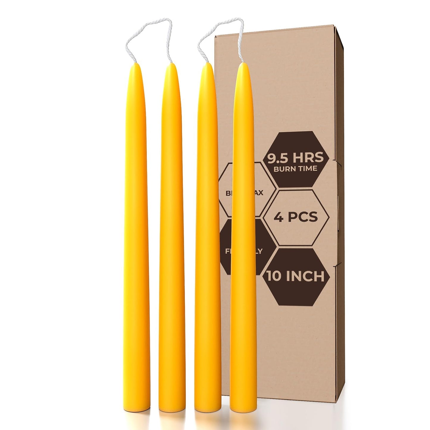 CANDWAX 10 inch Beeswax Taper Candles Set of 4 - Non Toxic and 100% Pure Beeswax Candles Ideal for Dinner - Dripless Handmade Bees Wax Burning Time 9.5 Hours