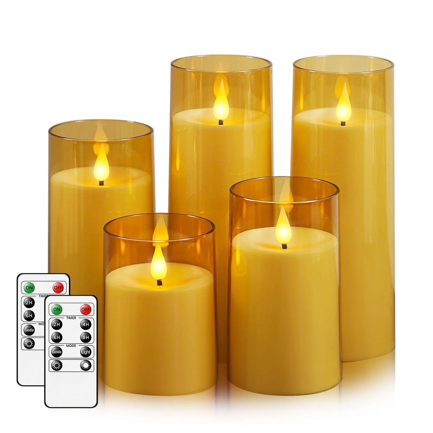 Fo32won Amber LED Flameless Pillar Candles Battery Operated with Remote Timer, 5 Pack 3D Flickering Acrylic Candles for Home Living Room Bedroom Fireplace Wedding Party Holiday Decor & Gift
