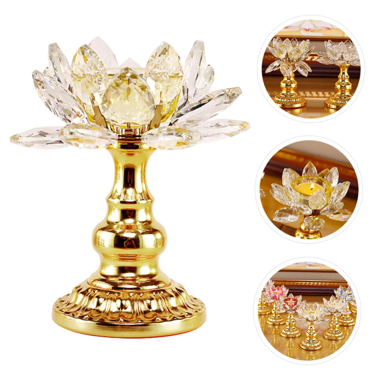 HAKIDZEL Crystal Lotus Candle Holder Elegant Sturdy Candlestick for Buddha Temple Home Decor Yellow Design for Wedding Party Table Display