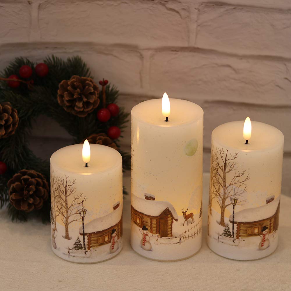 GenSwin Christmas Snowman Battery Operated Candles Flameless Flickering with Remote Timer, 3D Wick Real Wax Led Pillar Candles Warm Light, Christmas Snowman Deer Home Decor Gift(Pack of 3)