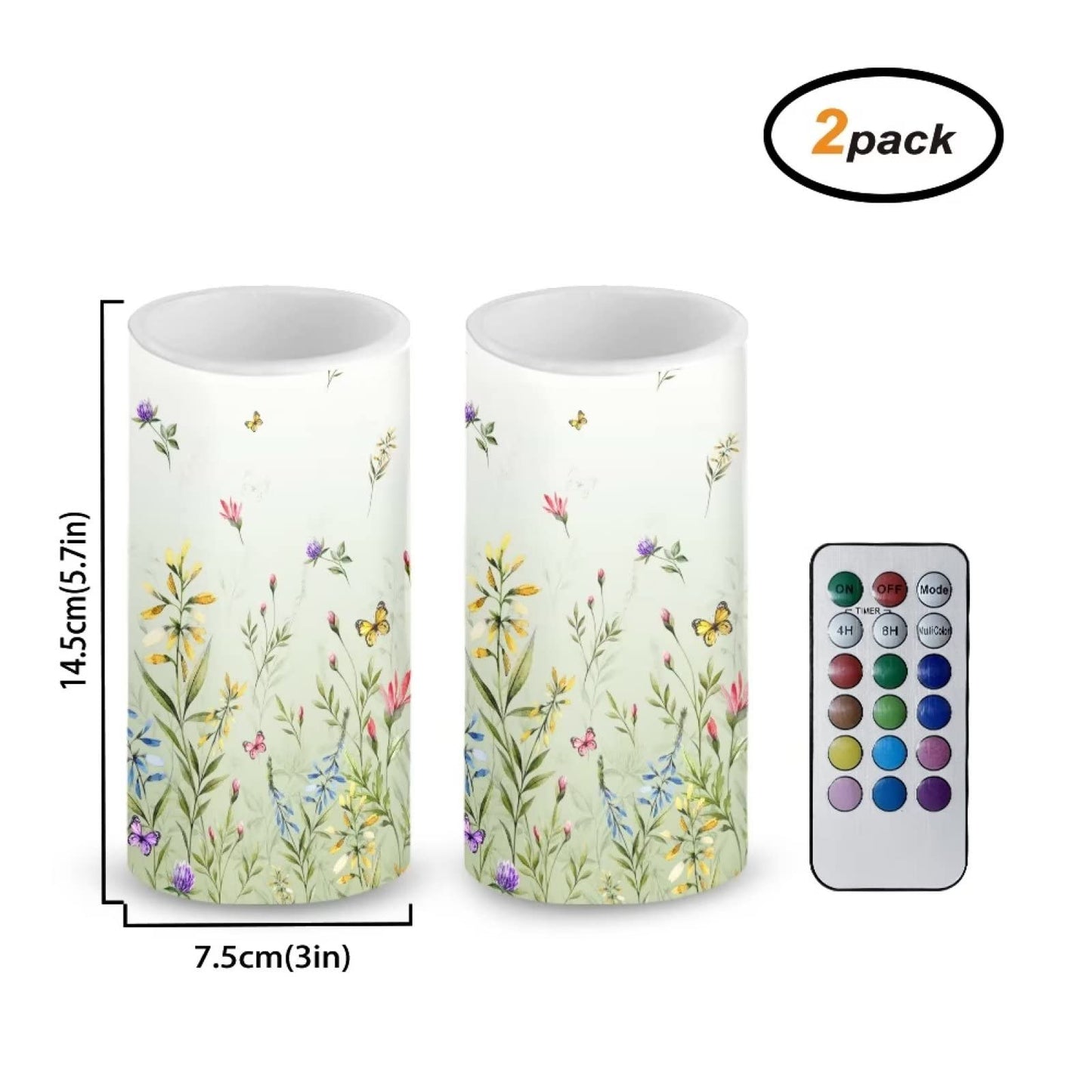 NETILGEN Flameless Candles LED Battery Operated Candles with Realistic Set of 2 with 18 Key Remote Control Timer Dancing Flame Pillar Candles for Home Beach Farmhouse, Floral Green