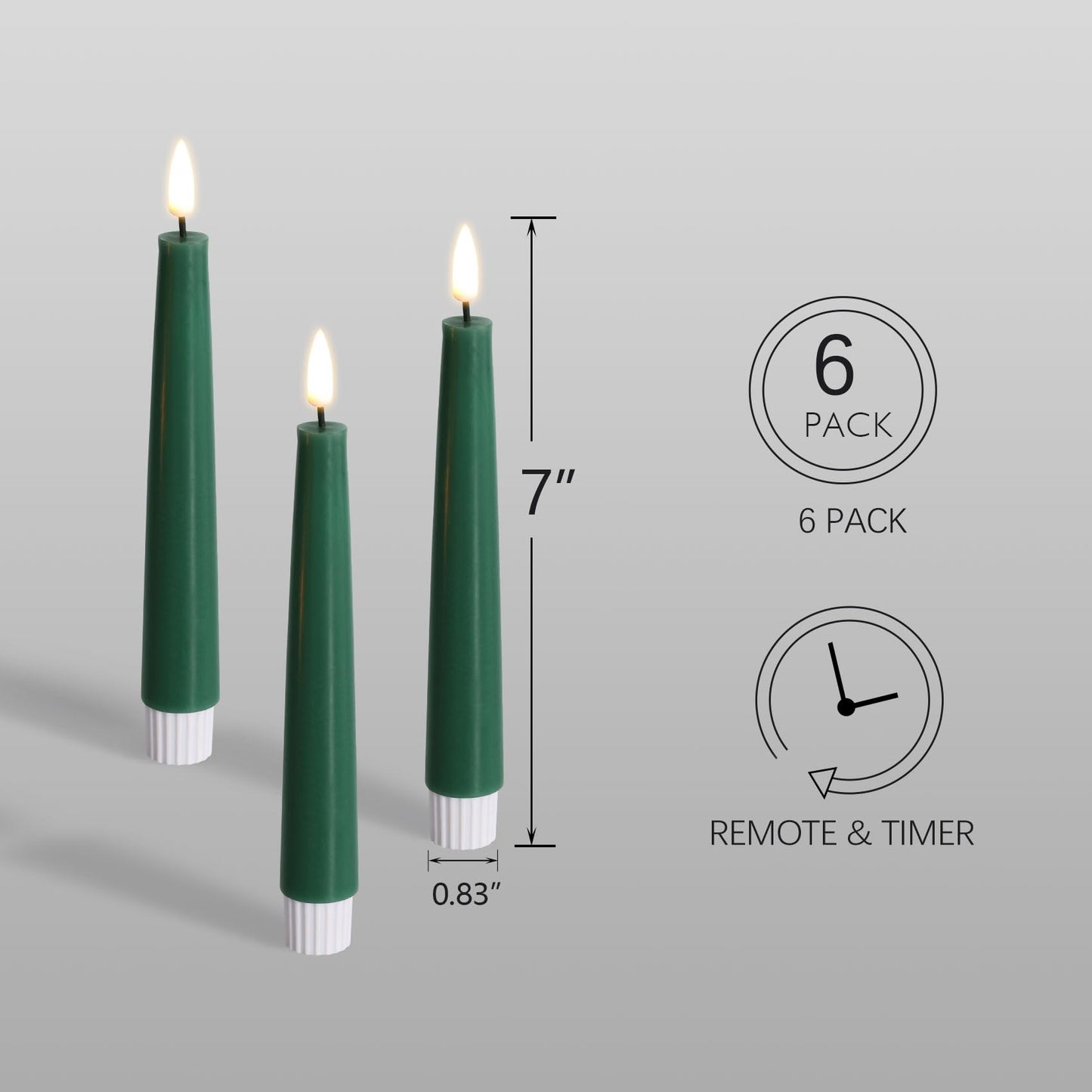 Eywamage Short Green Flameless Taper Candles with Remote, Flickering Spring Battery LED Wax Candlesticks Set of 6