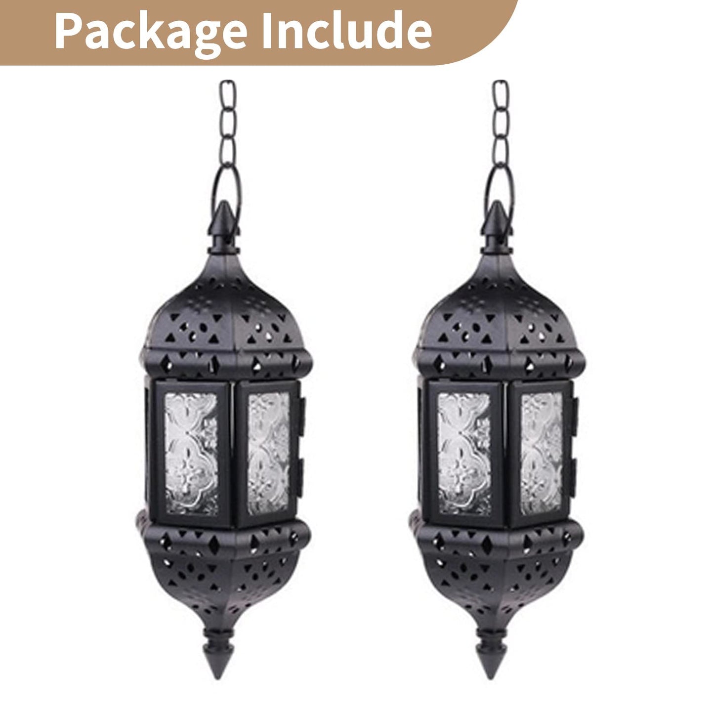 2 Pcs Hanging Candle Lantern Moroccan Chandelier Retro Candle Holder Moroccan Vintage Metal Hollow Wedding Hanging Candle Holders Lantern Contain 35cm Chain, Black