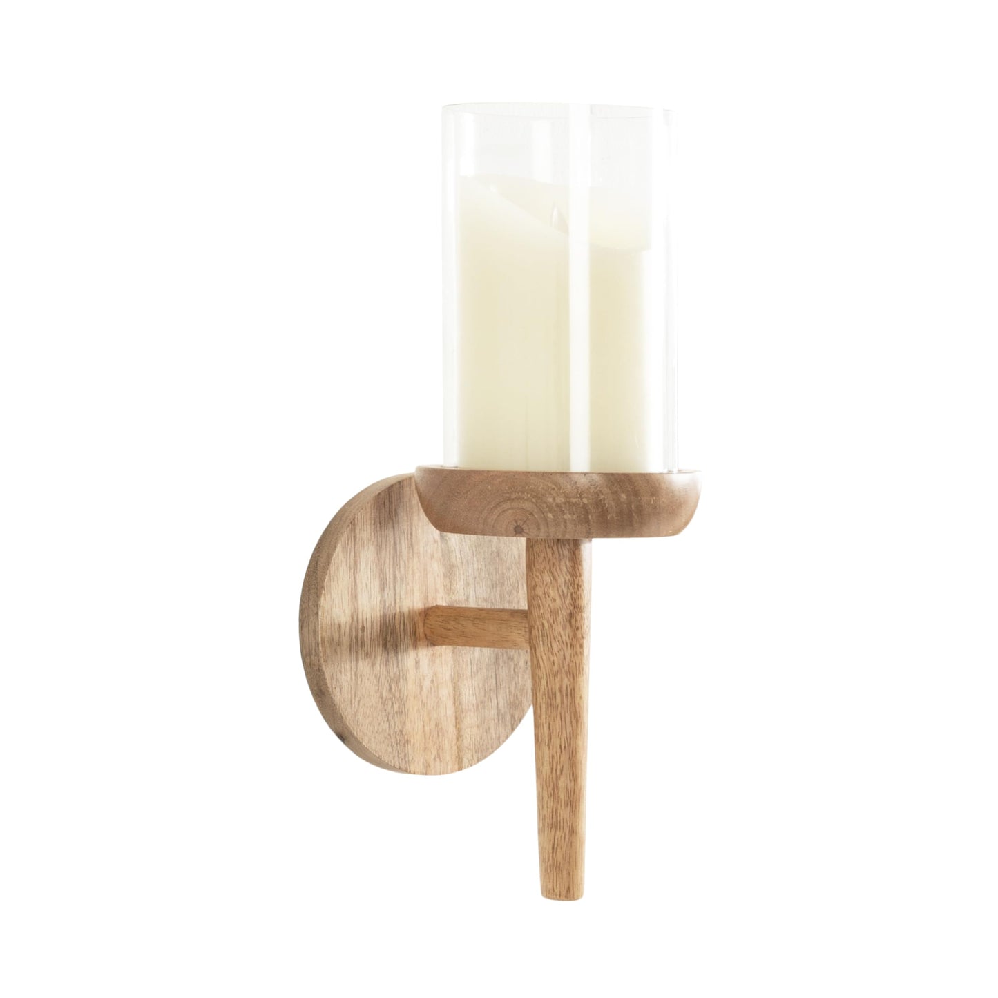 Kate and Laurel Shae Transitional Wooden Wall Sconce; 5 x 5 x 13; Natural Wood; Rustic Candle Holder with Removable Glass Cylinder for Flameless Pillar Candles