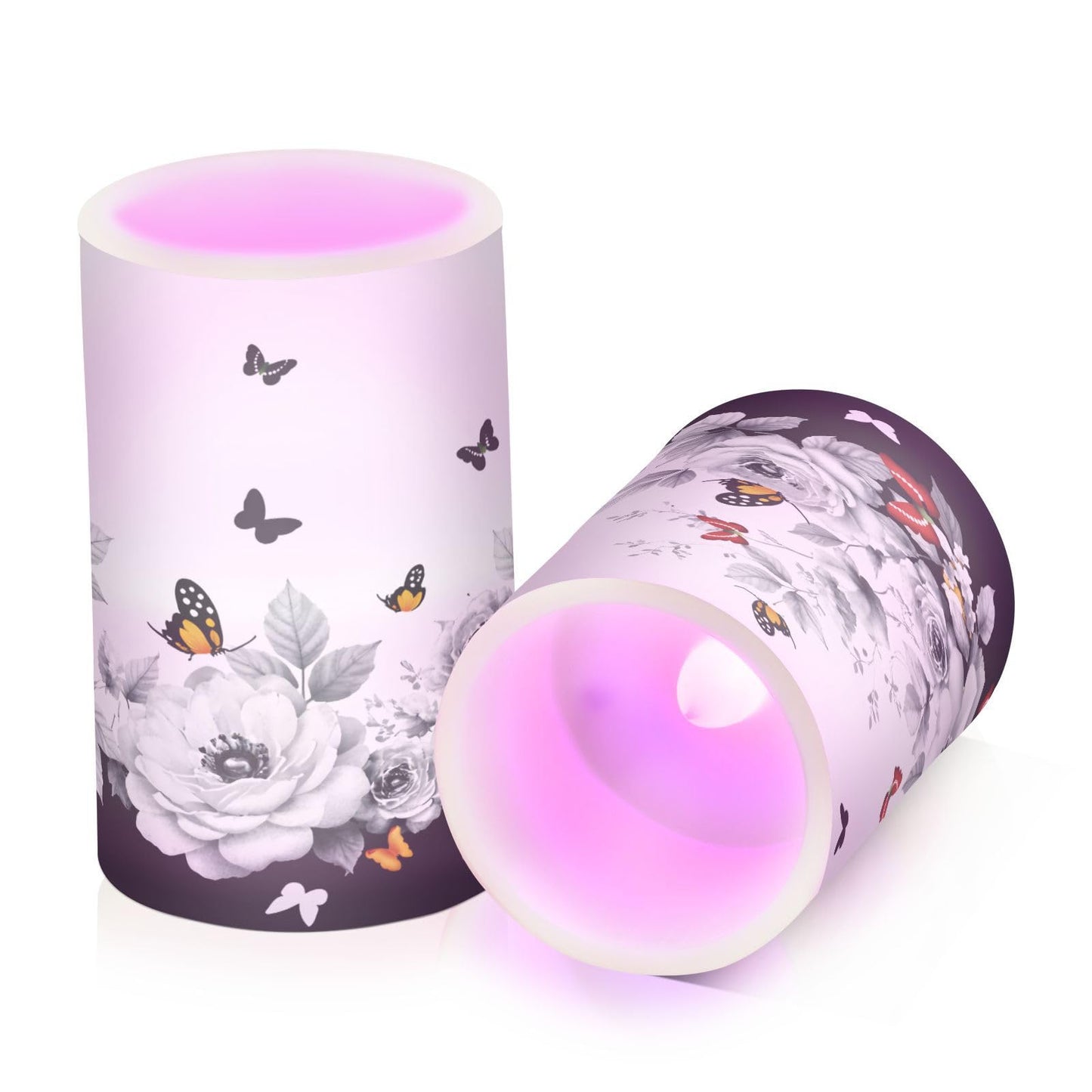 ALAZA Oriental Butterfly Cherry Blossom Flowers Flickering Flameless Candles Battery Operated with Remote Timer,Tea Light Candles LED Pillar Votive Candles Set of 2 for Outdoor Indoor Decorations