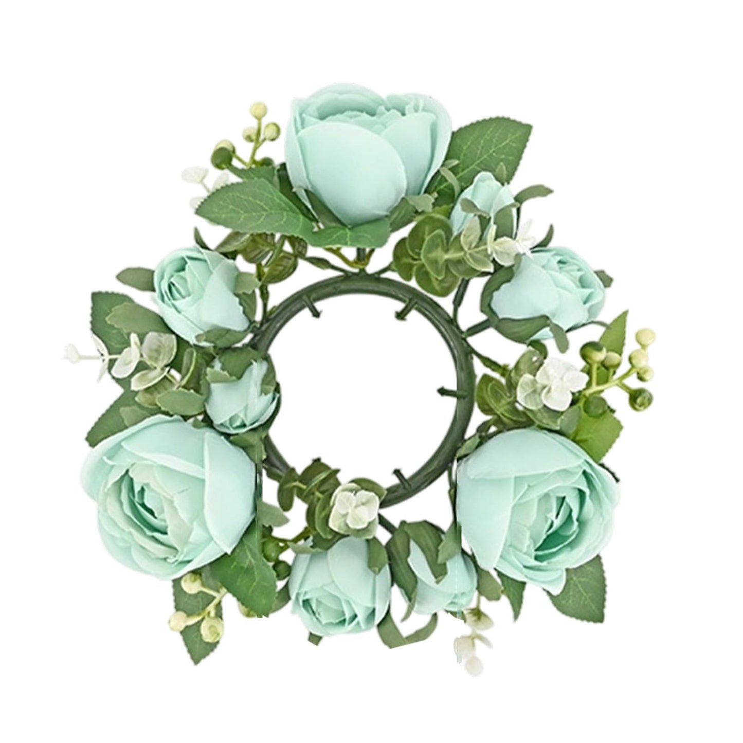 Artificial Rose Candle Rings Wreath Mini Floral Wreaths Pillar Candle Holder with Blooming Flowers and Green Leaves for Wedding Party Home Table Centerpieces Decor (Blue)