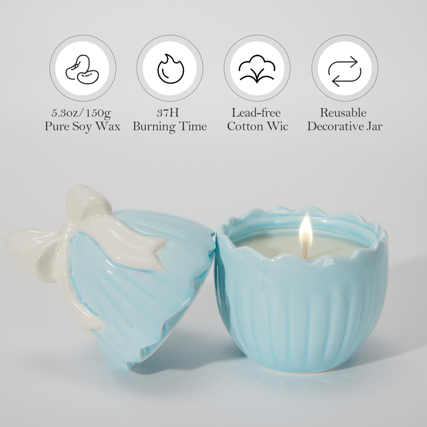 WDS WONDROUS 2-Pack Easter Bunny & Bow Ceramic Jar Candles, Egg Shaped Soy Wax Scented Candles with Daisy and Striped Design, Spring Home Decor Gift Set for Women, Blue Farmhouse Table Centerpiece