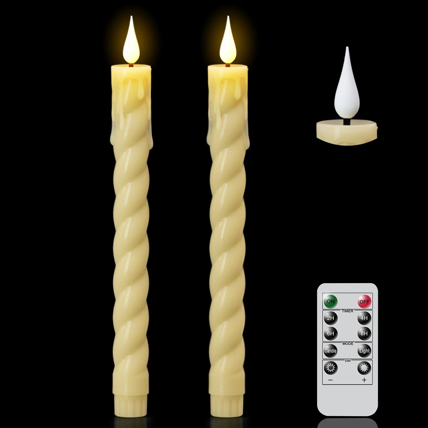 DRomance Flickering Flameless Taper Candles with Remote and Timer, 2 Pack Battery Operated LED Taper Candles 3D Wick Plastic Dripping Effect Dinner Wedding Holiday Decor(Ivory, 0.78" D x 9.65" H)