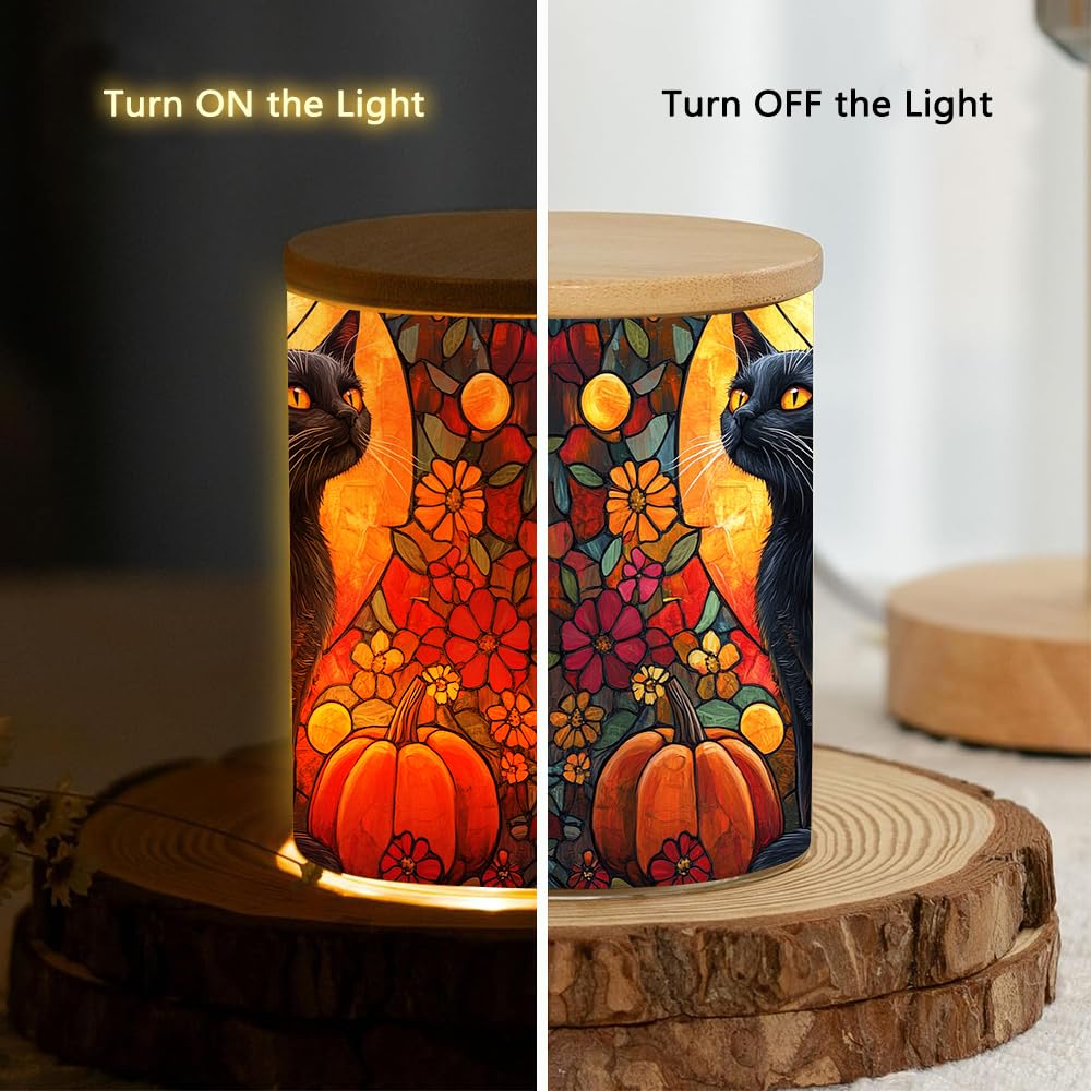 Black Cat Pumpkin Stained Glass Tealight Candle Holder, Halloween Decorations Candle Jar Tea Light Holder, Flowers Tealight Holders Candlesticks Gift for Halloween Christmas Thanksgiving, 3.5x2.8in