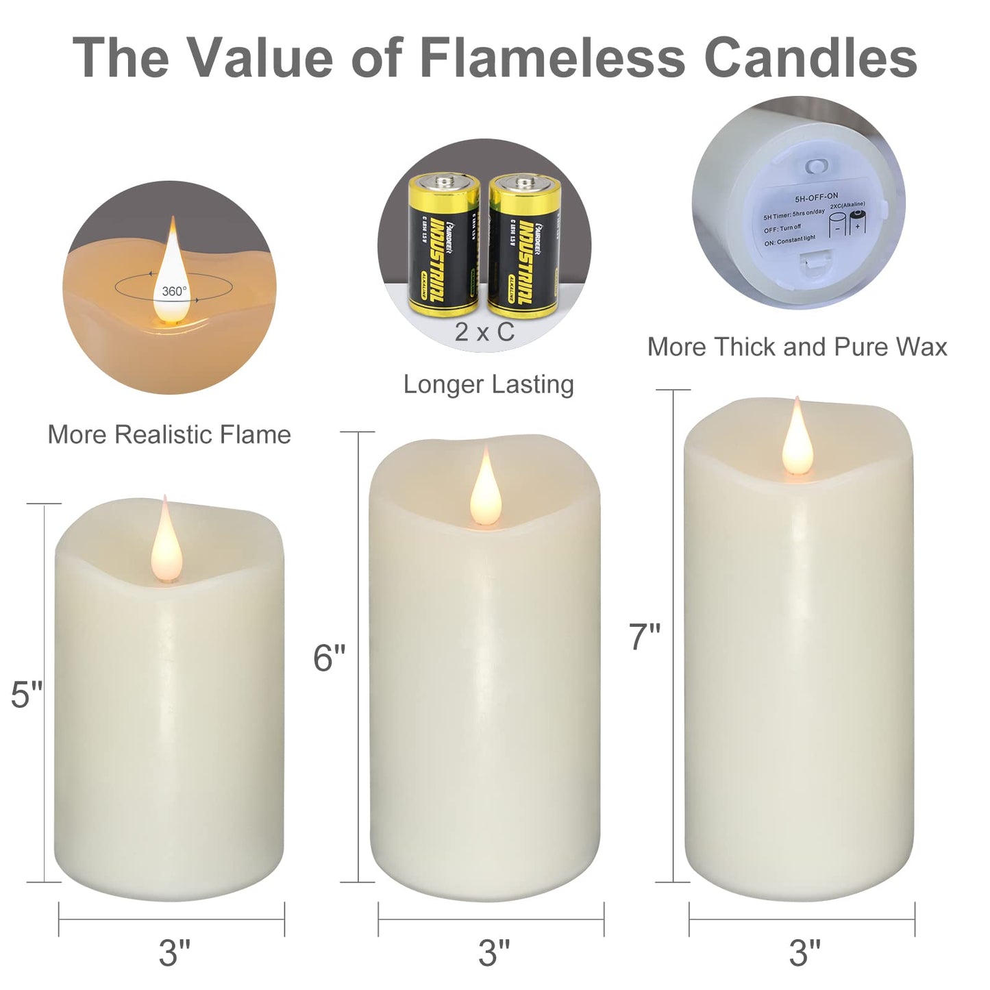 TECHLONG Flickering Flameless Candles with 3D Moving Flame Set of 3(H 5" 6" 7" x D 3"), Last 1000+ Hours Battery Operated Candles with Remote Timer, Ivory Real Wax Electric LED Pillar Candles