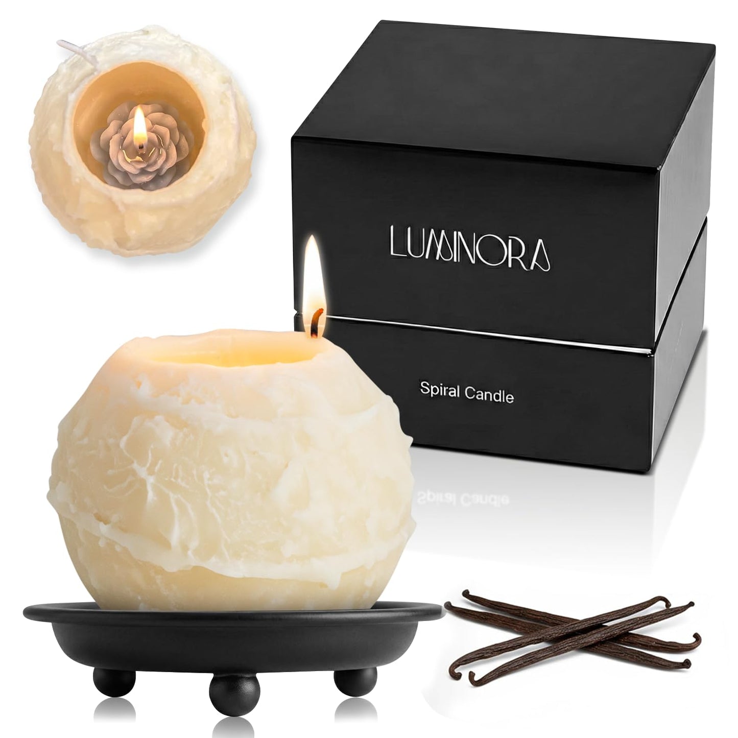 Spiral Candle with Hollow Round Design, Sculptural Wax Decor Gift, Unique Wick Flame Path, Modern Accent Piece for Shelf, Table, Mantel, and Entryway Display Set (Yellow, Vanilla Scented) - LUMINORA