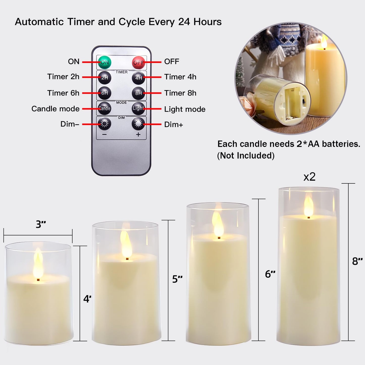 Fo32won Ivory White LED Flameless Pillar Candles Battery Operated with Remote Timer, 5 Pack 3D Flickering Acrylic Candles for Home Living Room Bedroom Fireplace Wedding Party Holiday Decor & Gift