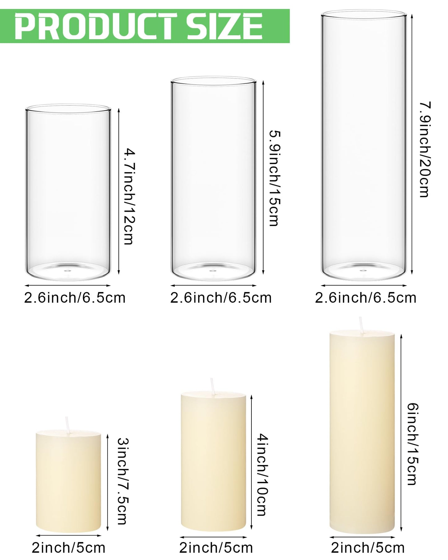 Shihanee Set of 12 Pillar Candles and Glass Cylinder Vases Clear Cylinder CandleHolders for Slim Pillar Candles Wedding Centerpieces(2.6''x 4.7'', 5.9'', 7.9'',Ivory White)