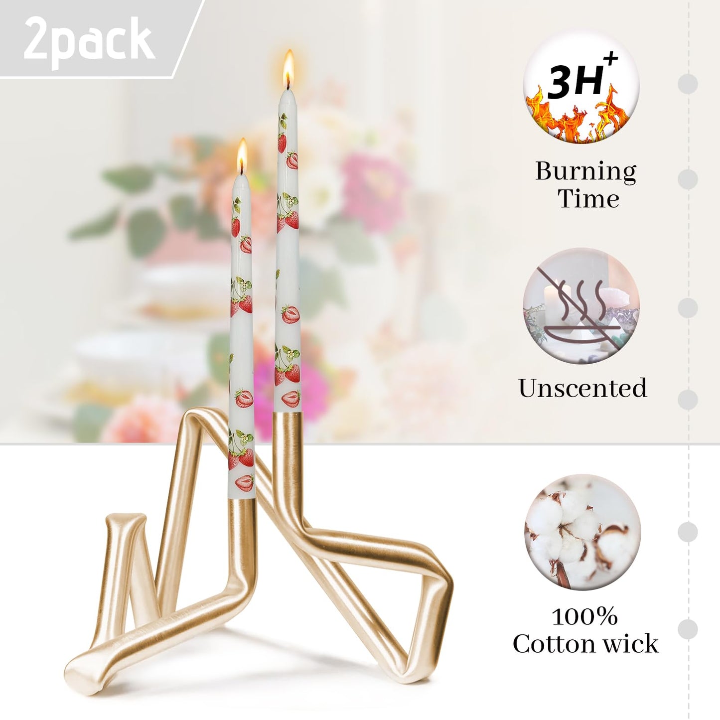 Printed Taper Candle - Baleagcdl White with Strawberry Prints Candlesticks Handmade Long Tapered Candles 10 Inch Drip Candle for Decor Gifts Set of 2