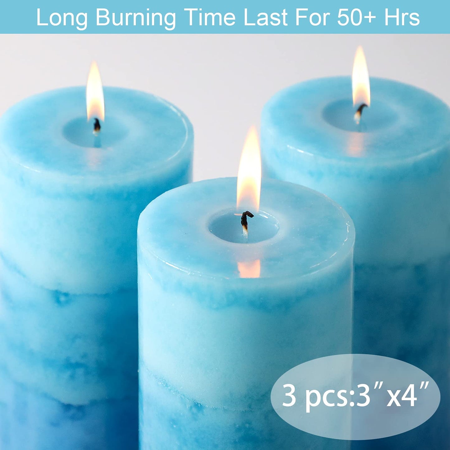 Petristrike Blue Pillar Candles for Home Scented, Set of 3 Strong Ocean Fragrance Scented Candles, 50+ Hrs Long Burning Candles Set