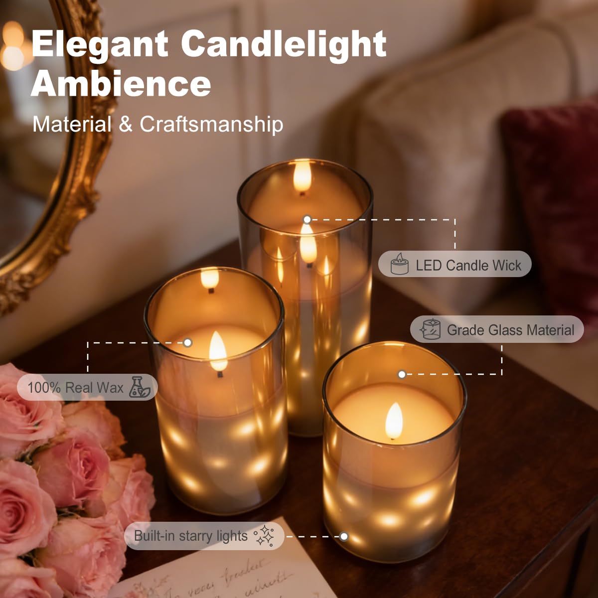 LEDHOLYT Rechargeable Glass LED Flameless Candles, Embedded Star String Flickering Flameless Candles for Romantic Ambiance and Home Decoration with Remote & Timer(Gray)