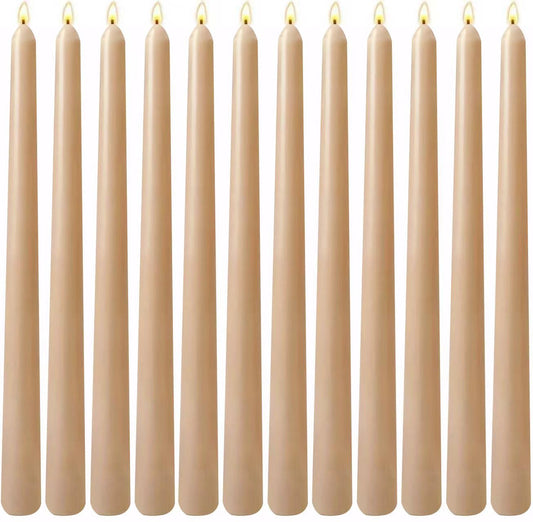 12-Pack Light-Mocha Taper Candles, 10 Inch Unscented Dripless Candlesticks, Long-Lasting Burn Time of 7-8 Hours, Perfect for Home Décor, Weddings, and Events