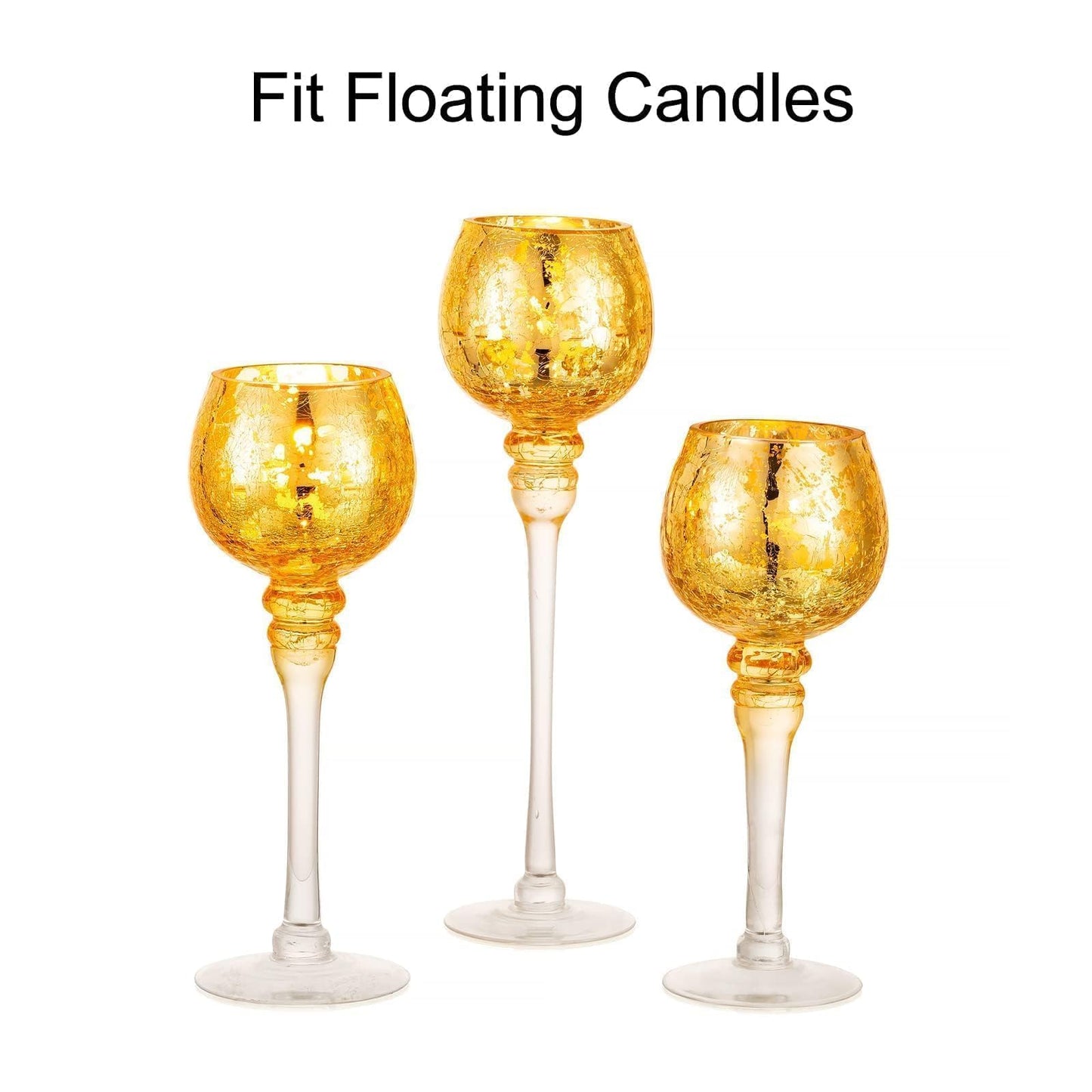 Inweder Glass Tealight Candle Holder: Gold Mercury Votive Holders 9/10/12 Inch Tall Long Setm Floating Candle Holders for Christmas Dining Table Centerpiece Wedding Party Set of 3