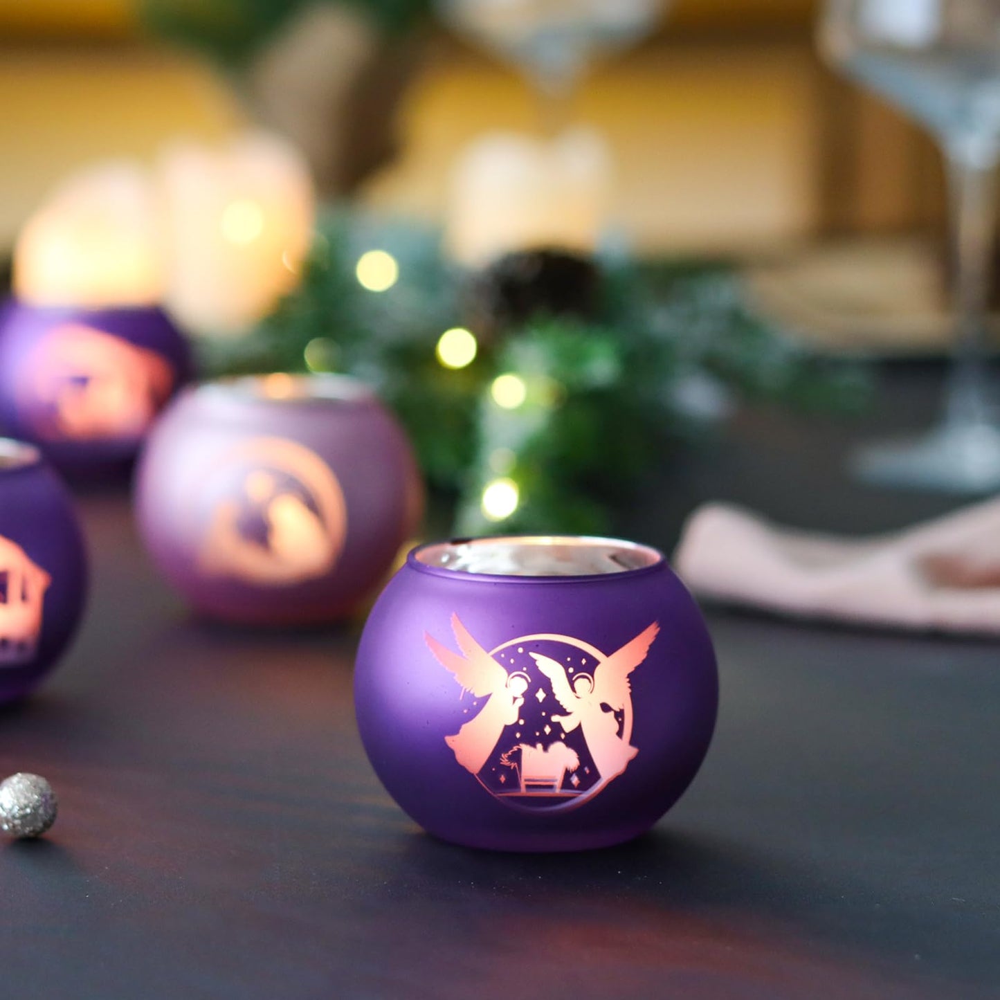 SYFURNIX Advent Candle Holders Set of 4, Glass Tealight Votive Candle Hodlers Tabletop Nativity Christmas Table Decorations Mantel Decor