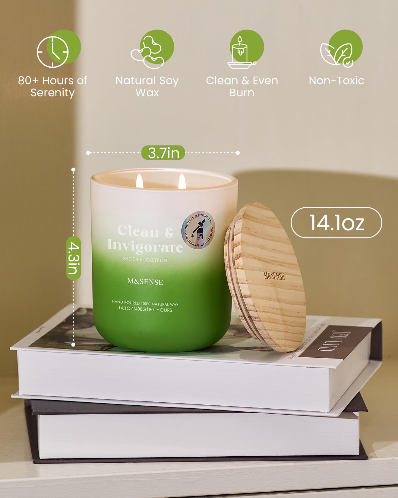 M&SENSE Sage Eucalyptus Scented Candle for Home, 14.1oz 80-Hour Non Toxic Long-Lasting Natural Soy Wax Fragrance, 2 Wick Summer Scented Aromatherapy Candle for Relaxing Stress Relief Meditation Yoga