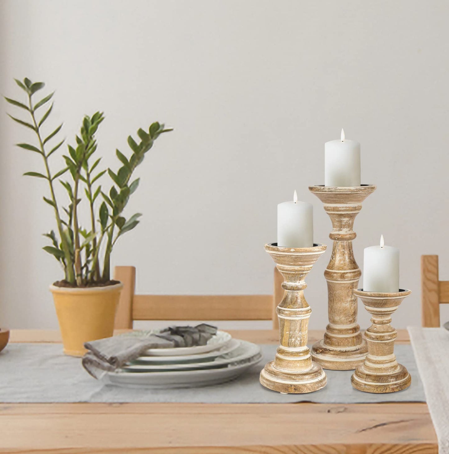 Candle Holder Stand Wooden, Pillar Candle Holders, Unity Candle Holders, Rounded Turned Colums, Country Style Ideal for Gift, Wedding, Christmas, Party, Home,Spa - 10,8,6 Inch- Set of 3, White Wash