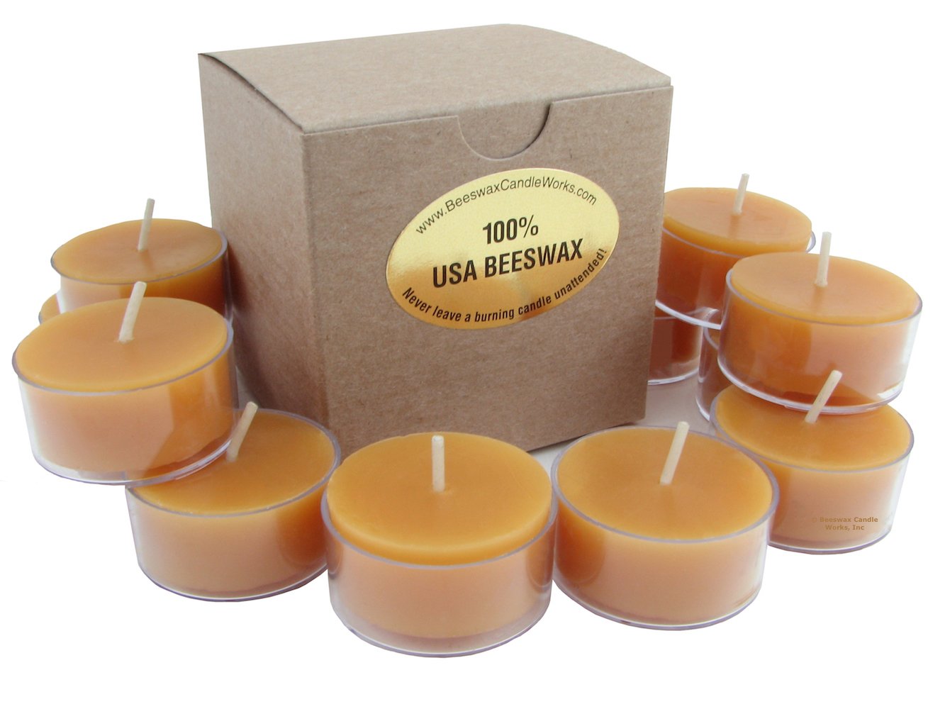 Beeswax Candle Works, 6-Hour Tea Lights (Pack of 12) Clear Cups, 100% USA Beeswax