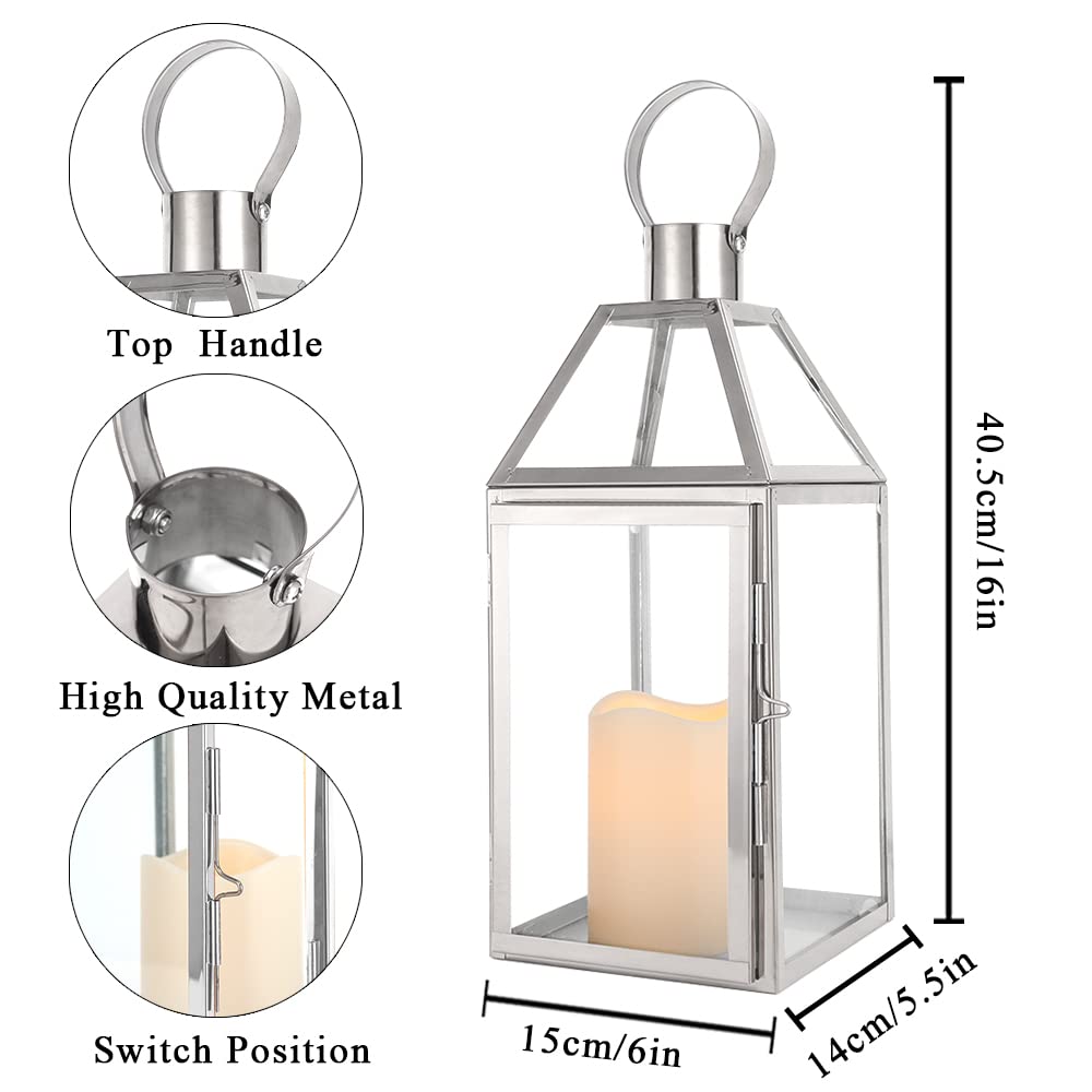 JHY Design Silver Decorative Lanterns 16inch High Stainless Steel Candle Lanterns with Tempered Glass for Indoor Outdoor Events Parities and Weddings