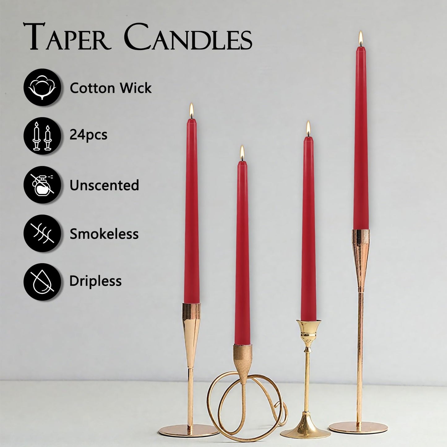 24Pack Red Taper Candles-10 Inch Dripless, Unscented Dinner Candle- Smokeless and Dripless, Long Burning time, Paraffin Wax with Cotton Wicks for Home Décor,Christmas, Wedding, Party,Candlesticks