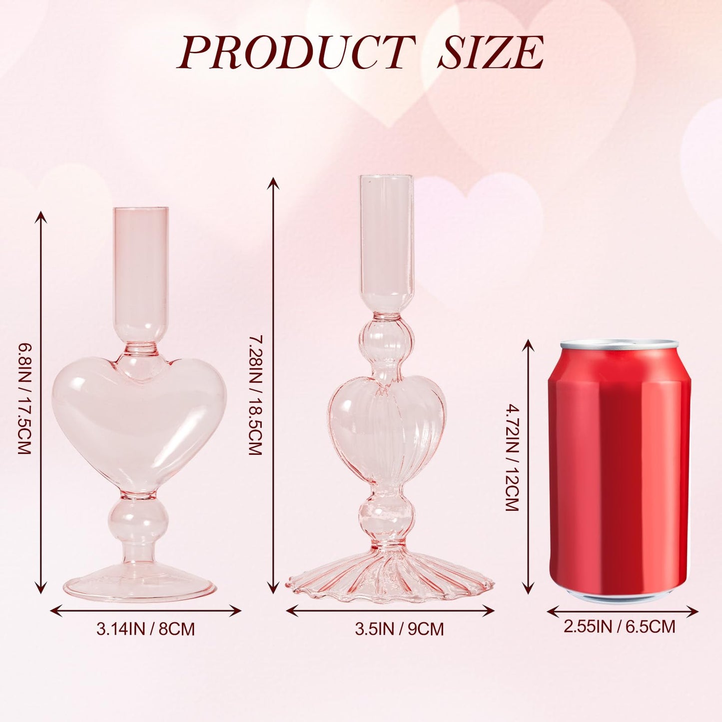 WDS WONDROUS Glass Candle Holders Set of 2 – Pink Heart Taper Candle Holders for Valentine's Day, Candlestick Holder Wedding Decorations, Farmhouse Home Coffee Table Decor & Housewarming Gifts