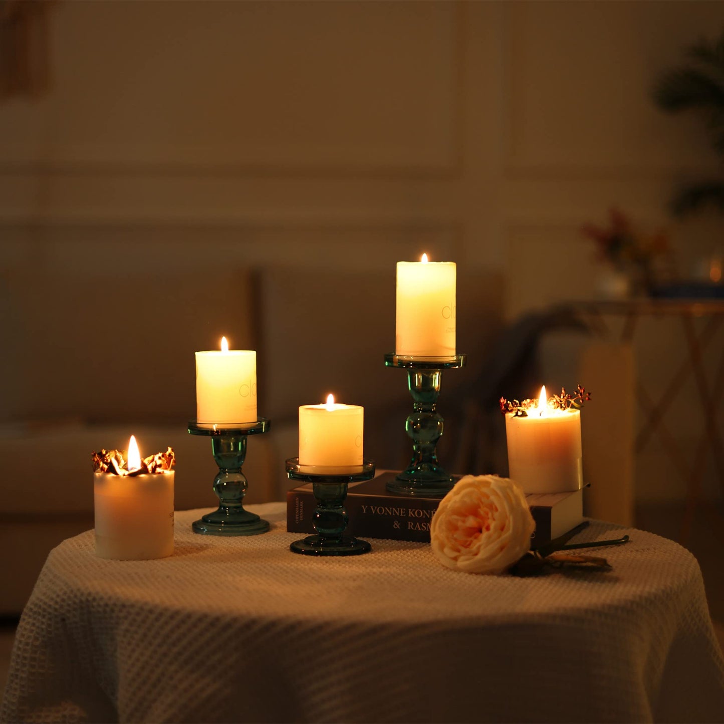 GMWD 3 Pcs Glass Candle Holder Set Clear, Green Candlesticks Holders Pillar Taper Candles Tealight Stand for Wedding Centerpieces Home Decorations Dining Table