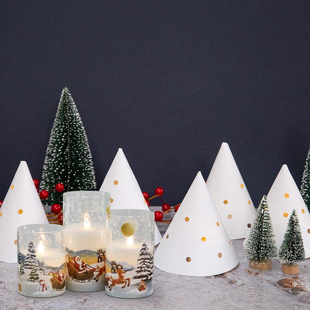 Eldnacele Santa Claus Glass Flameless Candle with Remote Timer Battery Operated Flickering LED Pillar Candles 3 Pack Warm White Light Christmas Decal Candles Set of 3 (D3” x H 4” 5” 6”) – Santa Sleigh