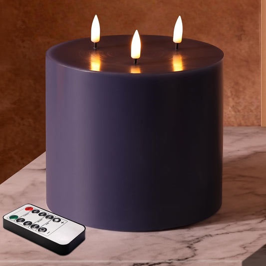 Girimax Navy Blue 3 Wick Flameless Candle with Remote, 6x6 inch Giant LED Pillar Candle, Battery Operated Real Wax Flickering