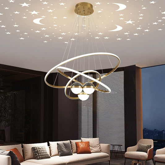 LOVEDIMA Modern Gold 3-Light LED Chandelier with Remote Control, Starry Sky Projection,3 Color Temperatures,Dimmable Globe Ceiling Light for Bedroom,Dining Room, Living Room