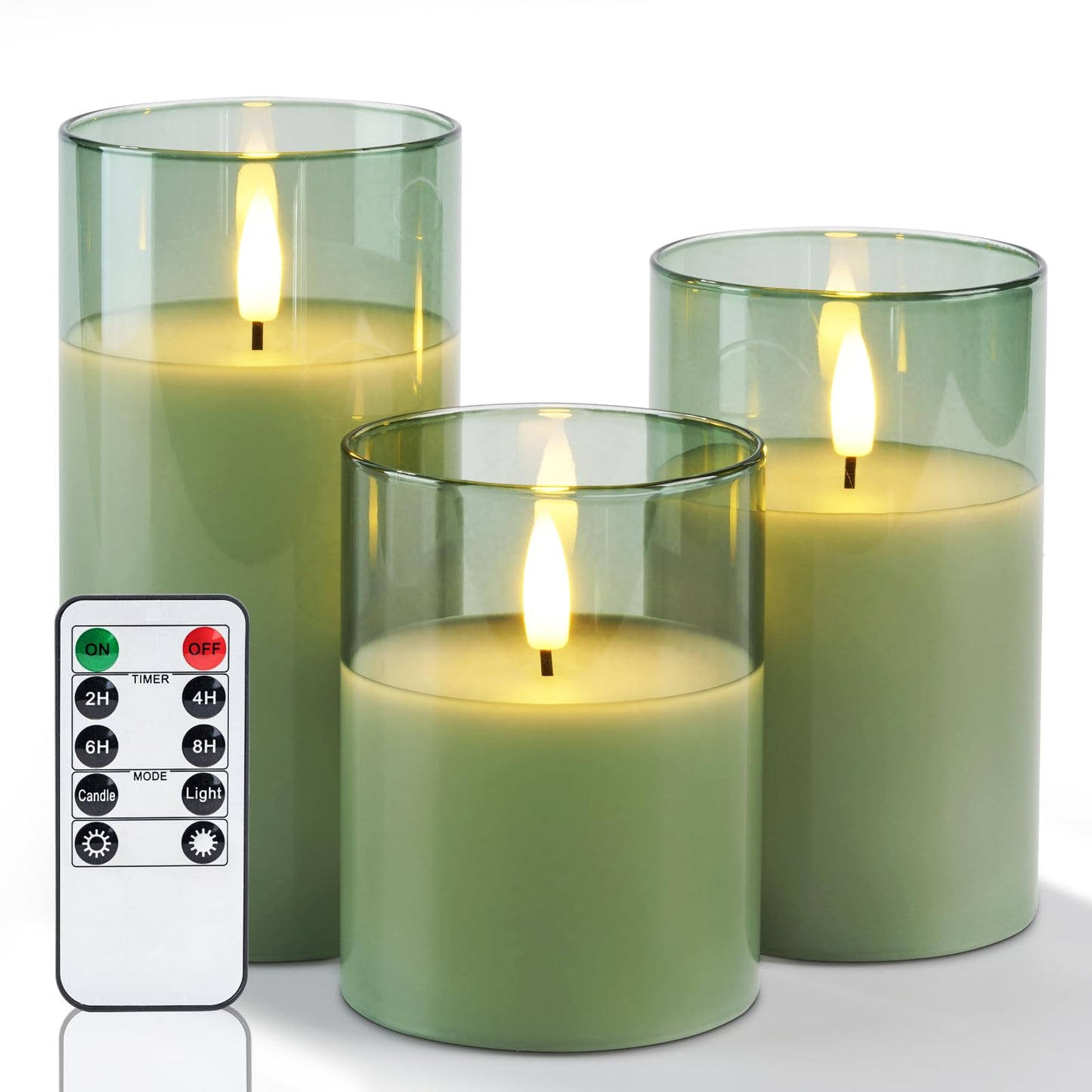 Amagic Green Glass Flameless Candles with Remote and Timer for St. Patrick's Day, Real Wax Battery Operated Candles, Flickering Electric LED Pillar Candles, Home Party Decor, Set of 3