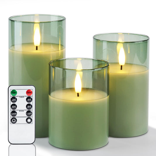 Amagic Green Glass Flameless Candles with Remote and Timer for St. Patrick's Day, Real Wax Battery Operated Candles, Flickering Electric LED Pillar Candles, Home Party Decor, Set of 3