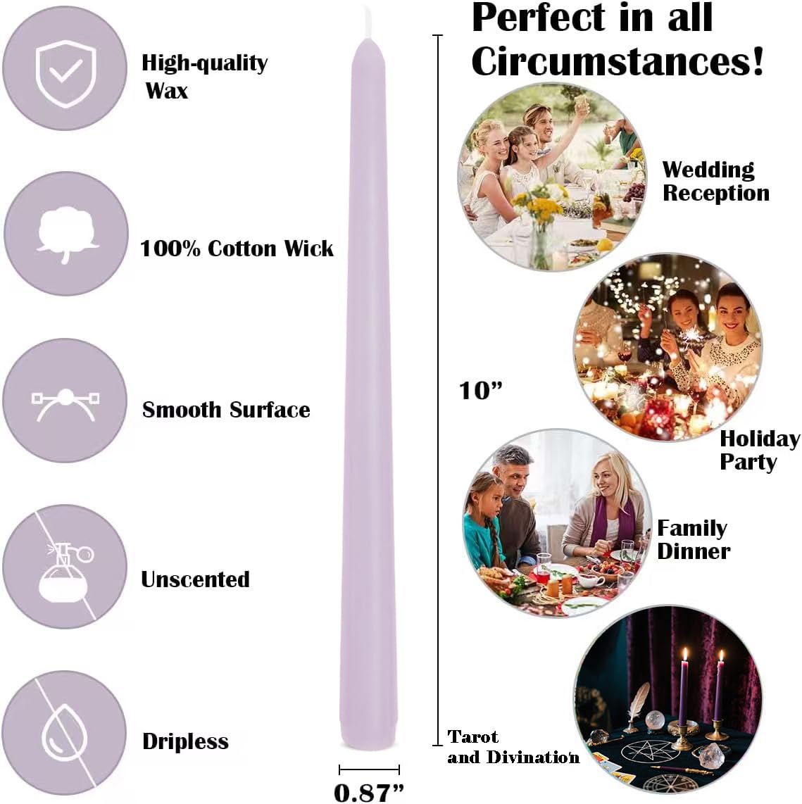 12-Pack Light-Purple Taper Candles, 10 Inch Unscented Dripless Candlesticks, Long-Lasting Burn Time of 7-8 Hours, Perfect for Home Décor, Weddings, and Events