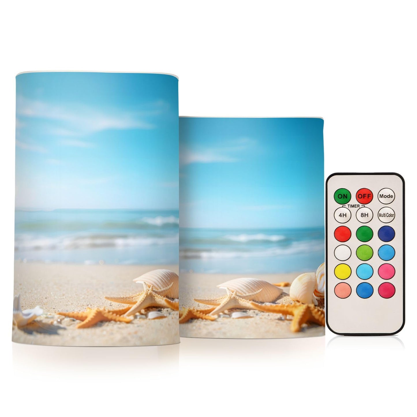 ALAZA Shells Beach Seashores Summer Flickering Flameless Candles Battery Operated with Remote Timer,Tea Light Candles LED Pillar Votive Candles Set of 2 for Outdoor Indoor Decorations