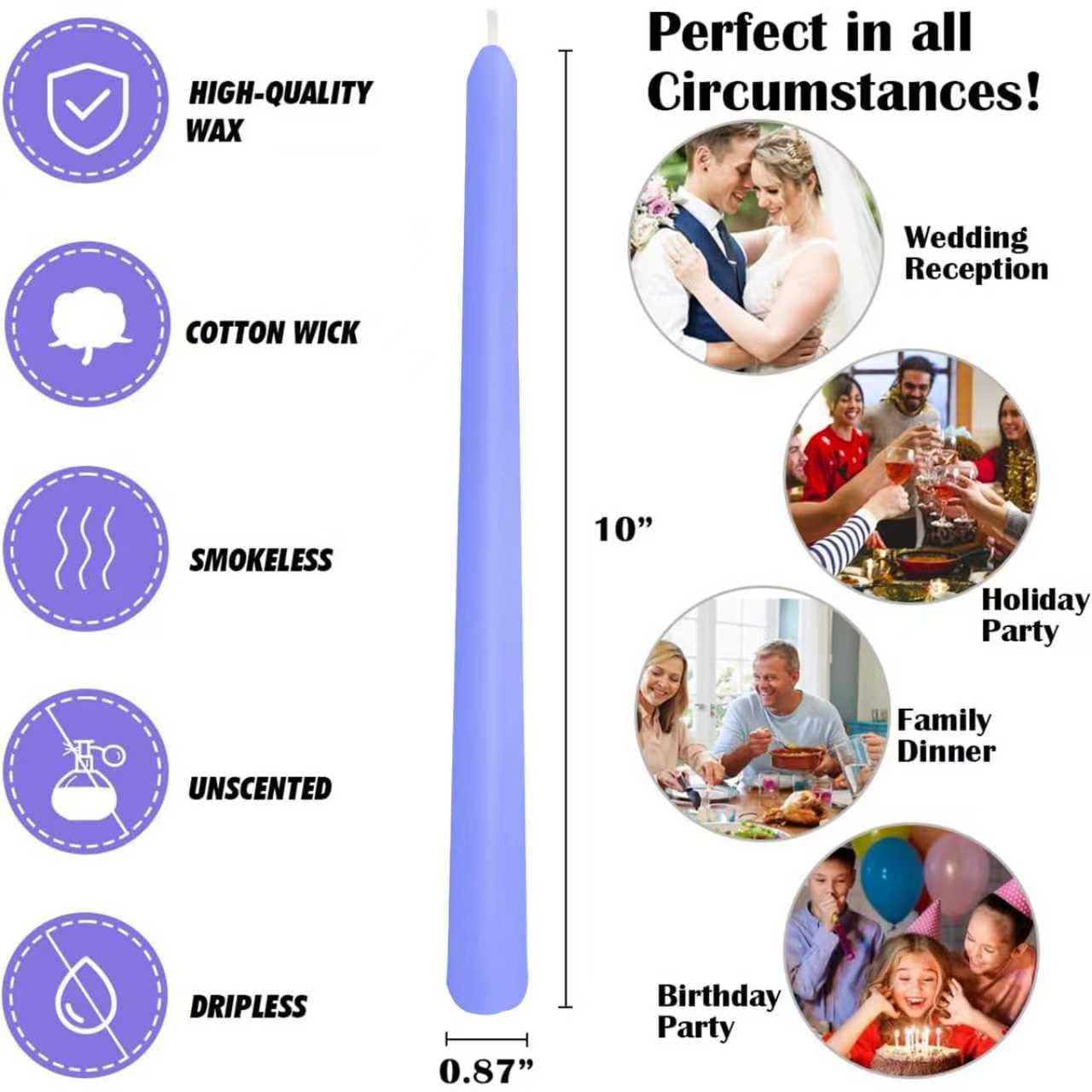 12-Pack Soft Lavender Purple Taper Candles, 10 Inch Unscented Dripless Candlesticks, Long-Lasting Burn Time of 6-7 Hours, Perfect for Home Decor, Weddings, and Events