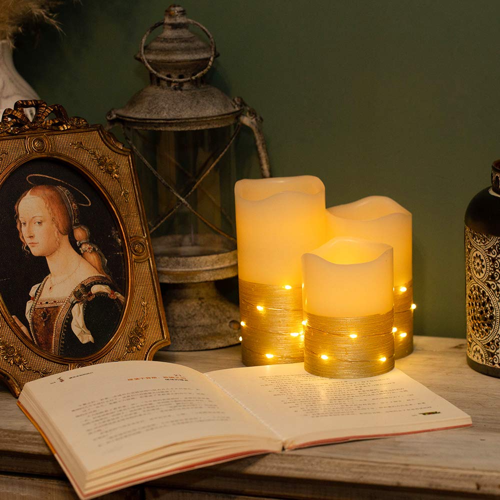 BeMoment Flickering Flameless Candles with Timer, Battery Operated Candle Embedded String Lights, Gold Paint Finish, Ideal for Home Decor, Holidays, and Festivals, 3pcs (D 3" x H 4" 5" 6")