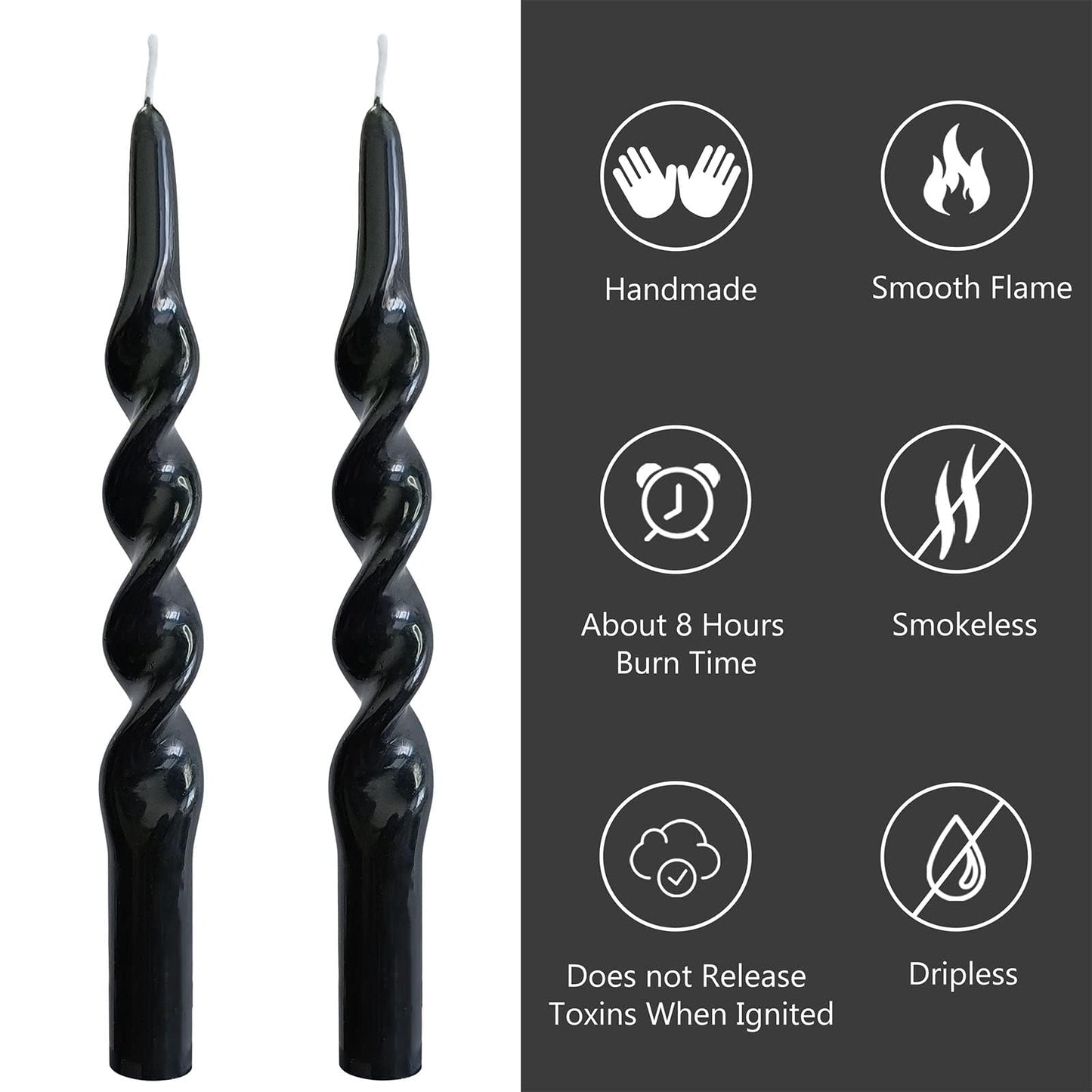 10 Inch Spiral Candles Set of 2 – Unscented Candle Stick, Black Handmade Tapered Candle Long Burning Twisted Candles for Wedding Dinner Table Home Decor