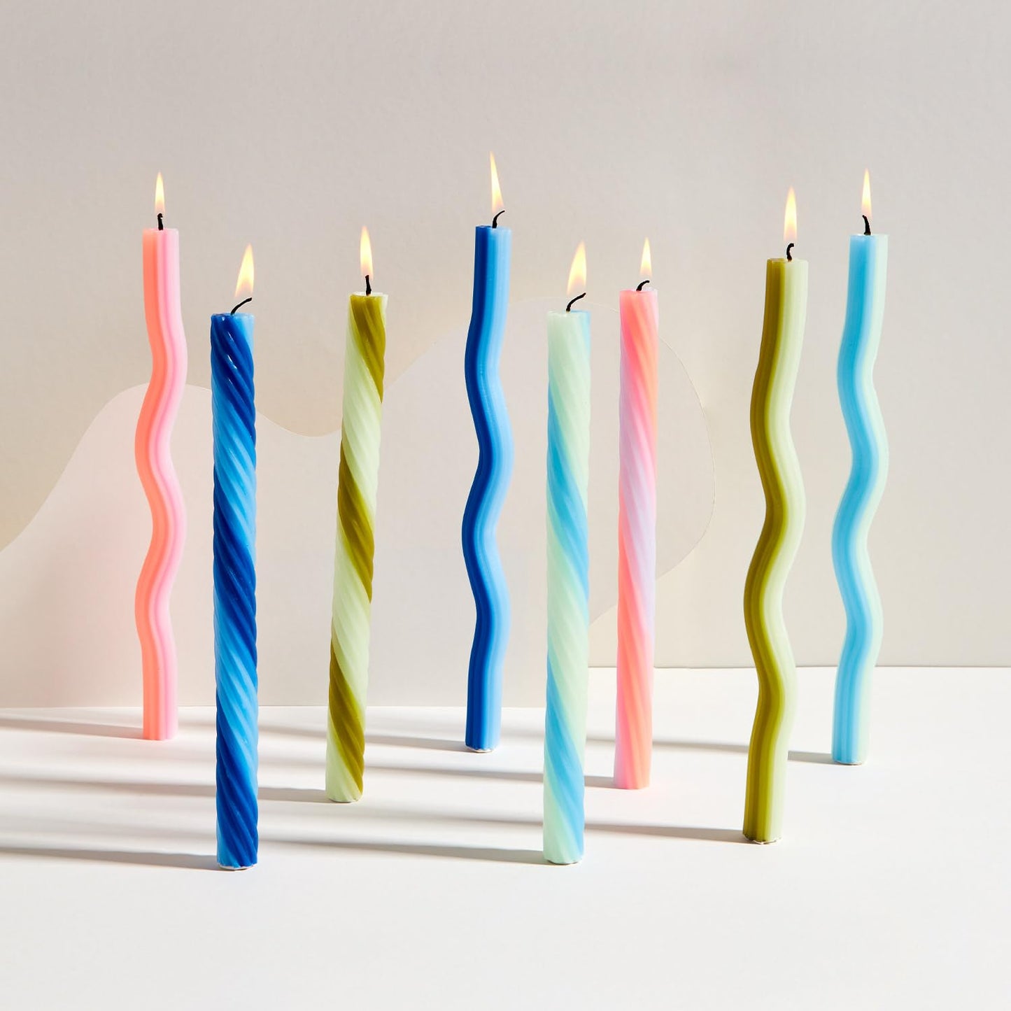 Wiggle Candles (2 Pack) - Joyful Dancing Design Taper Candlesticks | Bright Colors | 7/8” diam x 11” Length | Designed by Lex Pott | Made in USA (Green)