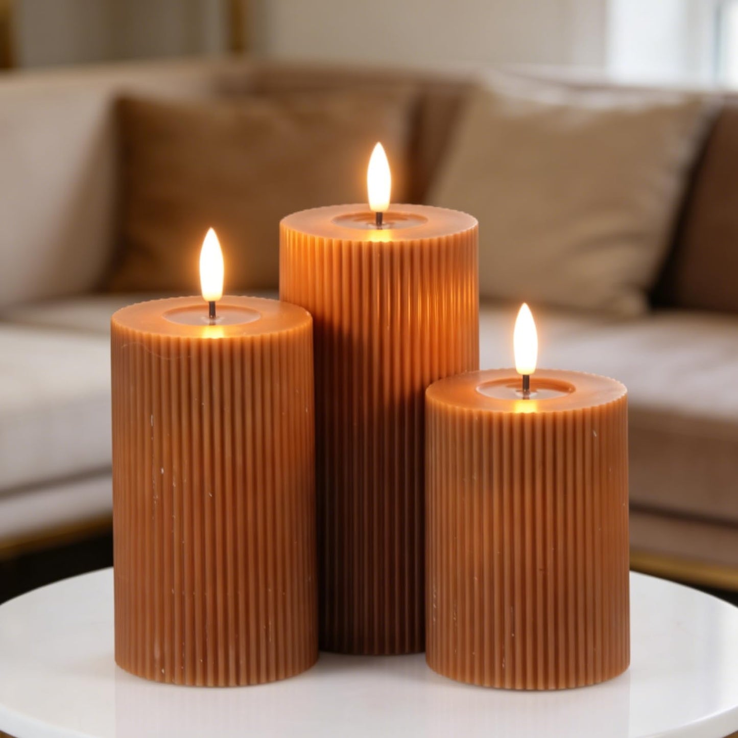 DRomance Battery Operated Flameless Candles with 6 Hour Timer 3 Pack Real Wax Vertical Stripe 3D Wick Flickering LED Pillar Candles Dinner Wedding Christmas Holiday Decor(Brown, 3" D x 5", 6", 7" H)