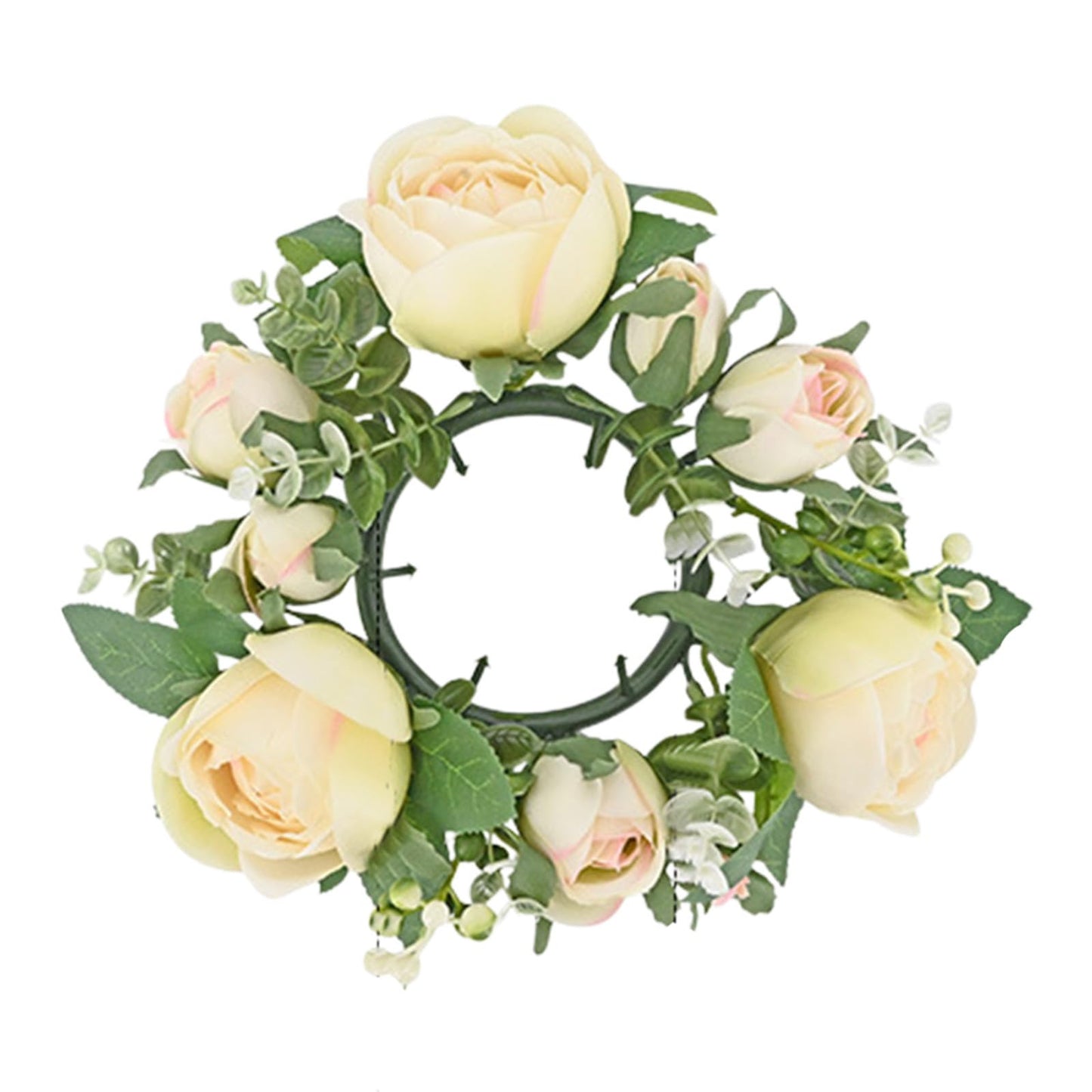 Artificial Rose Candle Rings Wreath Mini Floral Wreaths Pillar Candle Holder with Blooming Flowers and Green Leaves for Wedding Party Home Table Centerpieces Decor (Beige)